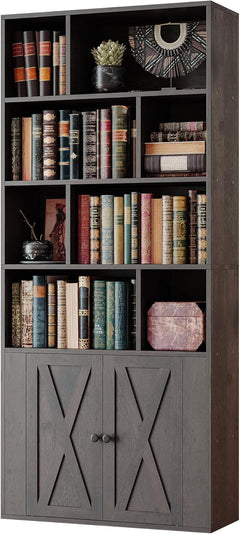 Tall Bookcase with Doors & 8 Open Cubes – 4-Tier Storage Shelf