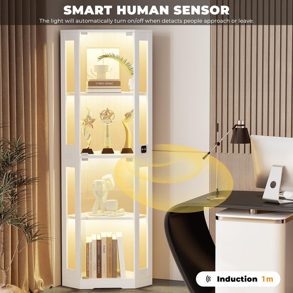 Corner Glass Display Cabinet with LED Lights