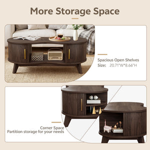 Dual Oval Coffee Table with Storage & Sliding Tambour Door