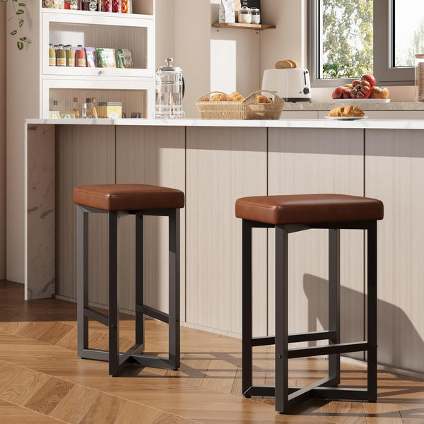 Counter Height Backless Bar Stools with PU Leather Seat & Metal Frame