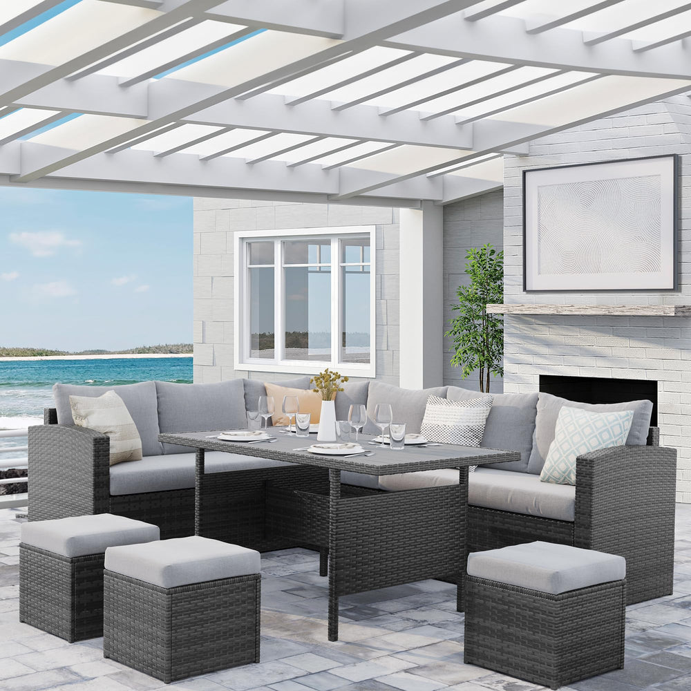 7-Piece Outdoor Wicker Patio Furniture Set with Cushions – Light Grey