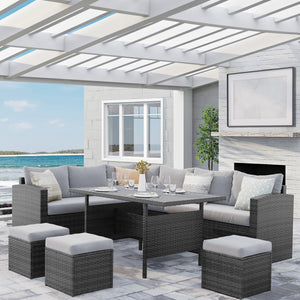 7-Piece Outdoor Wicker Patio Furniture Set with Cushions – Light Grey