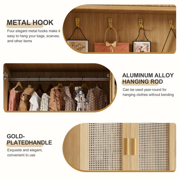 3-Door Rattan Armoire Wardrobe with LED Mirror & Drawers