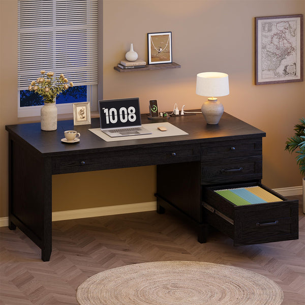 Farmhouse Executive Desk with Drawers & Charging Station