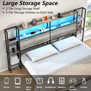 King Size Headboard with LED Lights, Charging Station & Storage Shelves