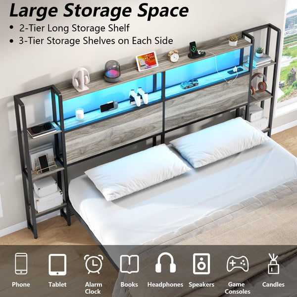 King Size Headboard with LED Lights, Charging Station & Storage Shelves