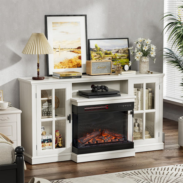 Fireplace TV Stand for 65" TV — 3-Sided Glass with Storage
