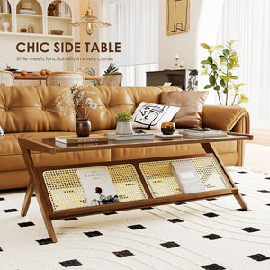 Bamboo Glass Top Coffee Table with Rattan Shelf