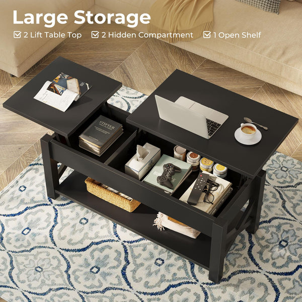 Lift Top Coffee Table with Hidden Storage & Open Shelf