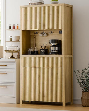 Fluted Pantry Cabinet with Charging Station, Adjustable Shelves & Storage Drawers