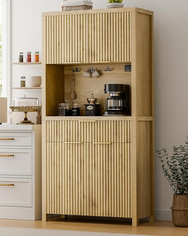 Fluted Pantry Cabinet with Charging Station, Adjustable Shelves & Storage Drawers