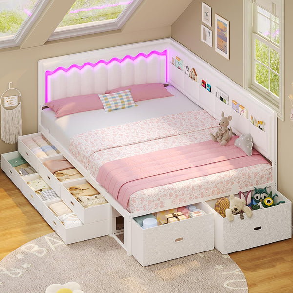 Full Corner Bed Frame with Storage Drawers, RGB Lights & L-Shaped Guardrail