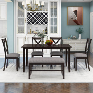 6-Piece Farmhouse Dining Table Set with Bench and Cushioned Chairs