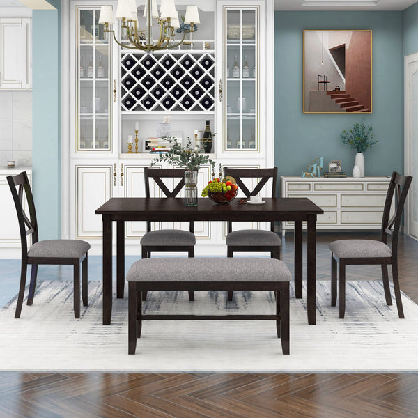 6-Piece Farmhouse Dining Table Set with Bench and Cushioned Chairs