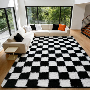 Checkered Shag Area Rug – Black & White Plush Non-Slip Carpet
