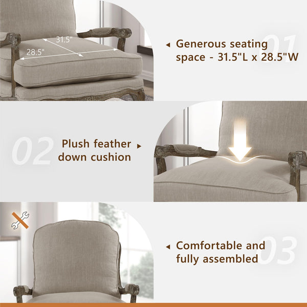 French Country Accent Chair with Rattan Back & Feather Down Cushion