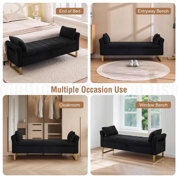 King Size Storage Bench with Arms, Boucle Fabric, Gold Legs, 2 Pillows