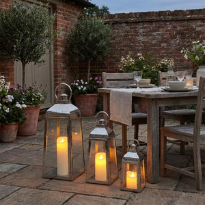 Silver Candle Lanterns Set of 3 – Stainless Steel & Tempered Glass