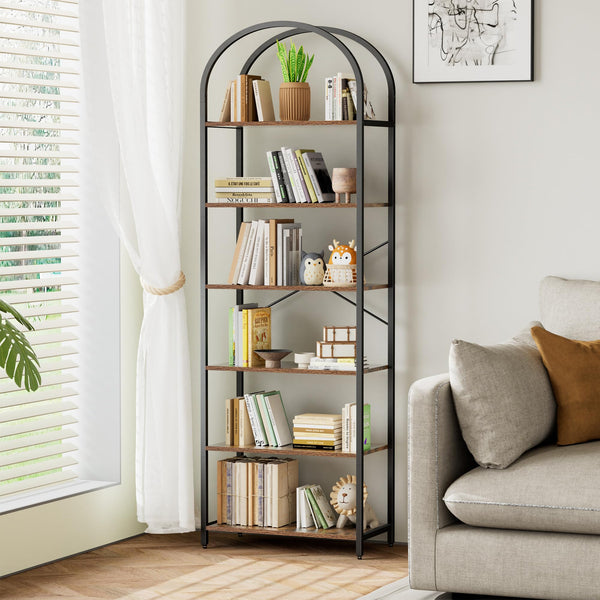 Arched Bookshelf – 5 & 6 Tier Wood and Metal Shelf Unit