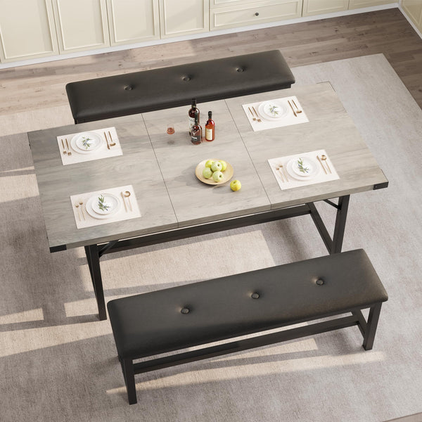 Extendable Dining Table Set with 2 Upholstered Benches – Seats 4 to 8