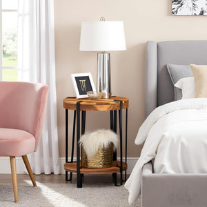 2-Tier Round Acacia Wood & Metal End Table with Bottom Shelf