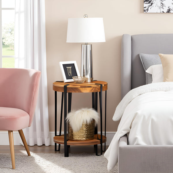 2-Tier Round Acacia Wood & Metal End Table with Bottom Shelf