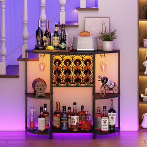 3-Tier Wine Bar Cabinet with LED Lights, Glass Holder & 12-Bottle Storage