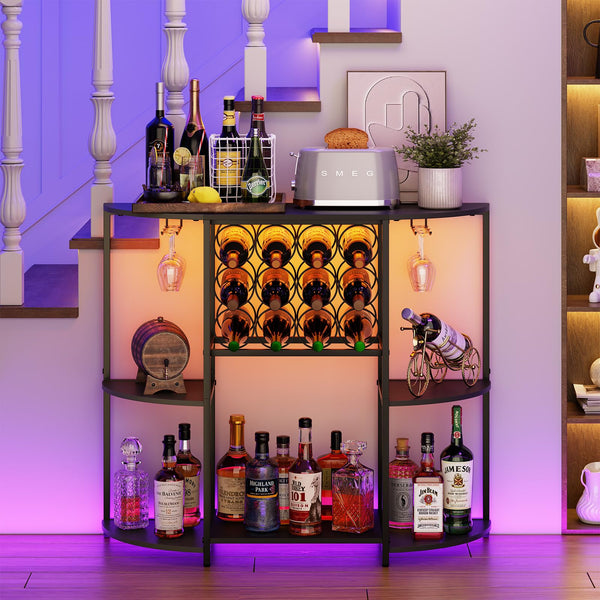 3-Tier Wine Bar Cabinet with LED Lights, Glass Holder & 12-Bottle Storage