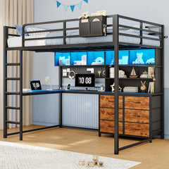 Full Loft Bed with Desk, Storage & LED Lights