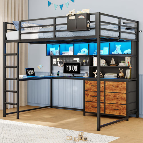 Full Loft Bed with Desk, Storage & LED Lights