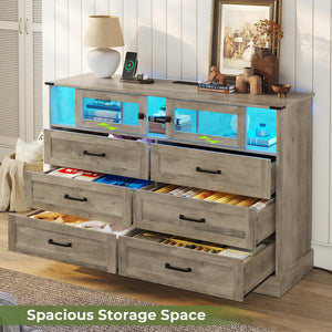 6 Drawer Dresser with LED Lights and Charging Station – Farmhouse Chest of Drawers, Rustic Oak