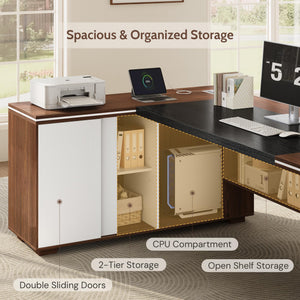 L-Shaped Executive Desk with Cabinet Storage, Bookshelf & CPU Stand