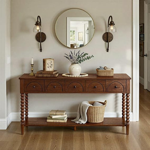 58" Narrow Console Sofa Table with Drawers & Lower Shelf