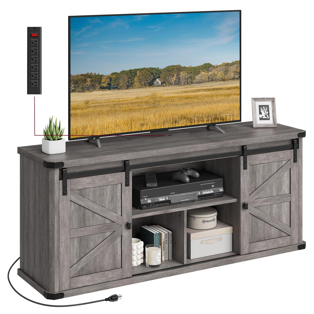 Farmhouse TV Stand with Sliding Barn Doors – Fits TVs up to 65"
