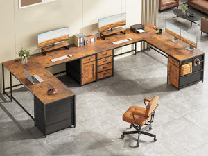 L-Shaped Computer Desk with Drawers, Monitor Shelf & Power Outlet