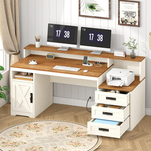 65-Inch Farmhouse Computer Desk with Drawers and Power Outlets