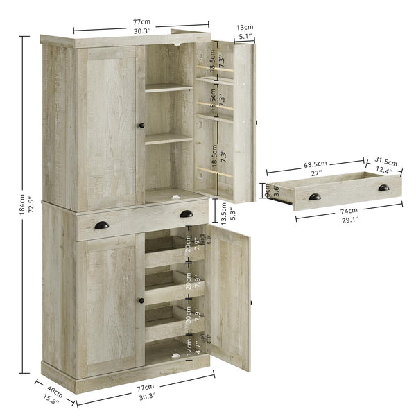 Freestanding Kitchen Pantry Cabinet 72" with Drawer & Sliding Racks