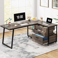 Reversible L-Shaped Computer Desk with Drawers & Shelves