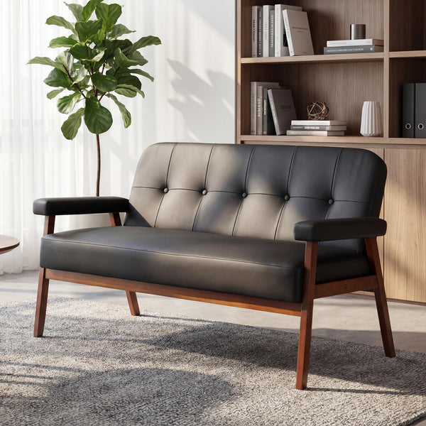 50" Faux Leather Loveseat Sofa with Wood Arms
