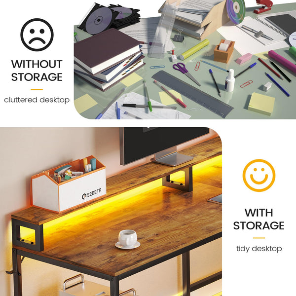 L-Shaped Corner Office Desk 66 Inch with File Drawer, LED Lights & Monitor Shelf
