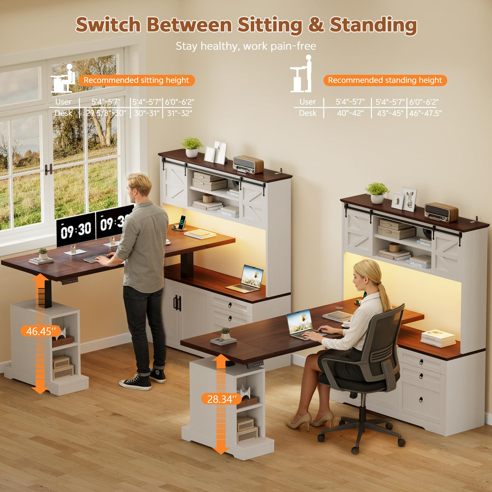 L-Shaped Electric Standing Desk with Hutch & File Cabinet
