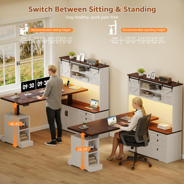 L-Shaped Electric Standing Desk with Hutch & File Cabinet