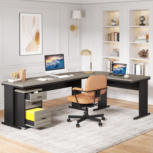 L-Shaped Executive Desk with File Cabinet & Drawers