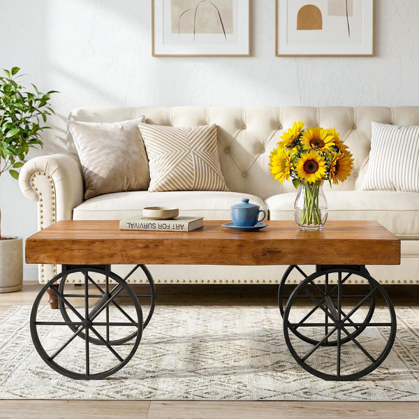 47" Industrial Live Edge Coffee Table – Solid Pine Wood & Metal Legs