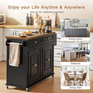 58" Mobile Kitchen Island Cart with Power Outlet, Storage Cabinets & Spice Rack