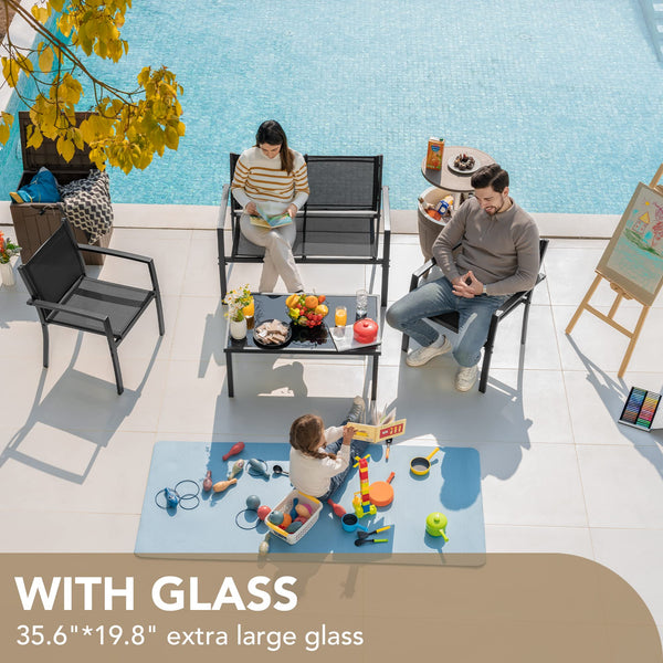 4-Piece Outdoor Patio Furniture Set with Chairs & Glass Coffee Table