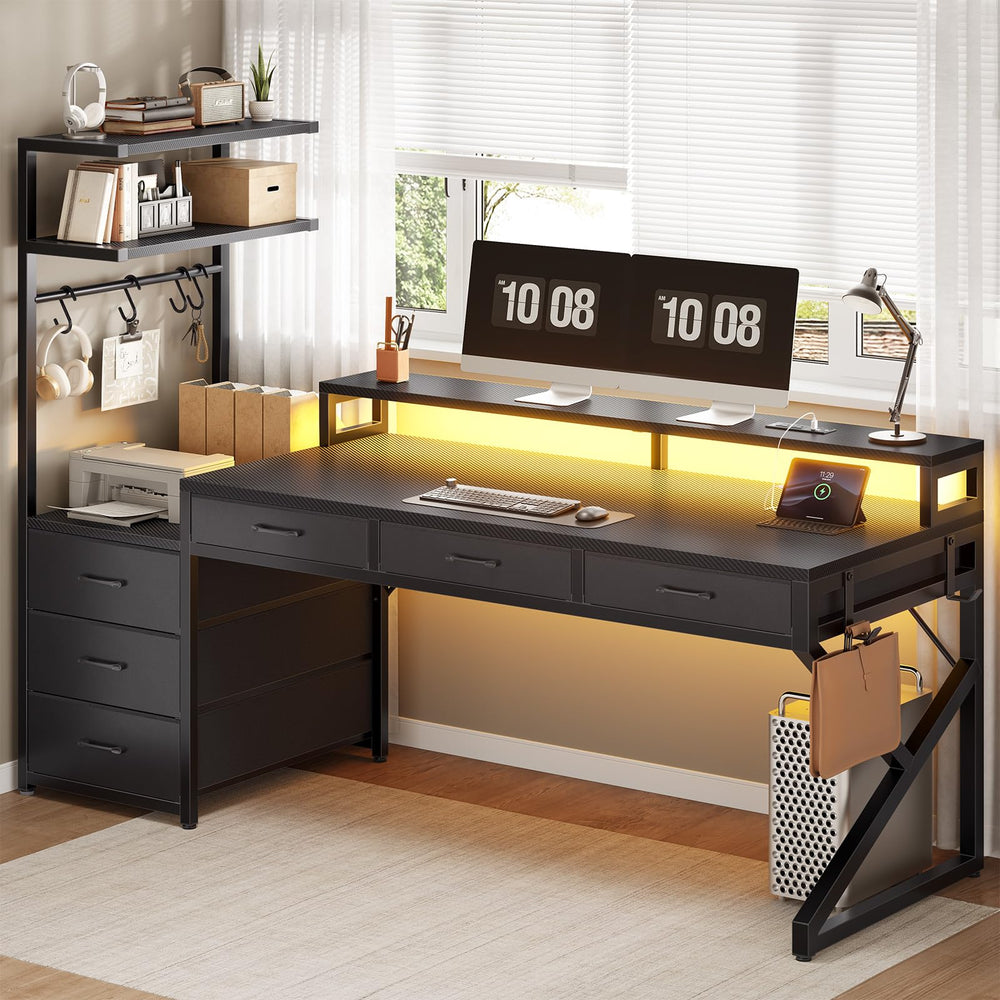 L-Shaped Gaming Desk with 6 Drawers, LED Lights & Power Outlet