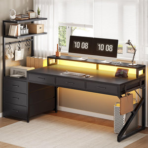 L-Shaped Gaming Desk with 6 Drawers, LED Lights & Power Outlet