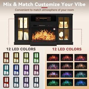 Fireplace TV Stand with 3-Sided Glass & LED Lights