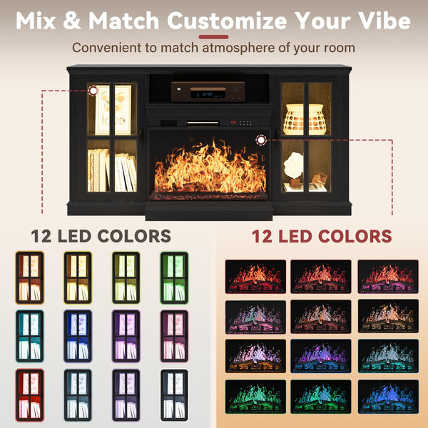 Fireplace TV Stand with 3-Sided Glass & LED Lights